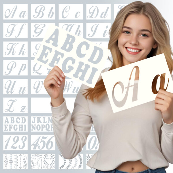 6 inch Cursive Stencils Alphabet, Numbers, Symbols & Flowers, 45 Sheets with 175 Designs Reusable Plastic Templates