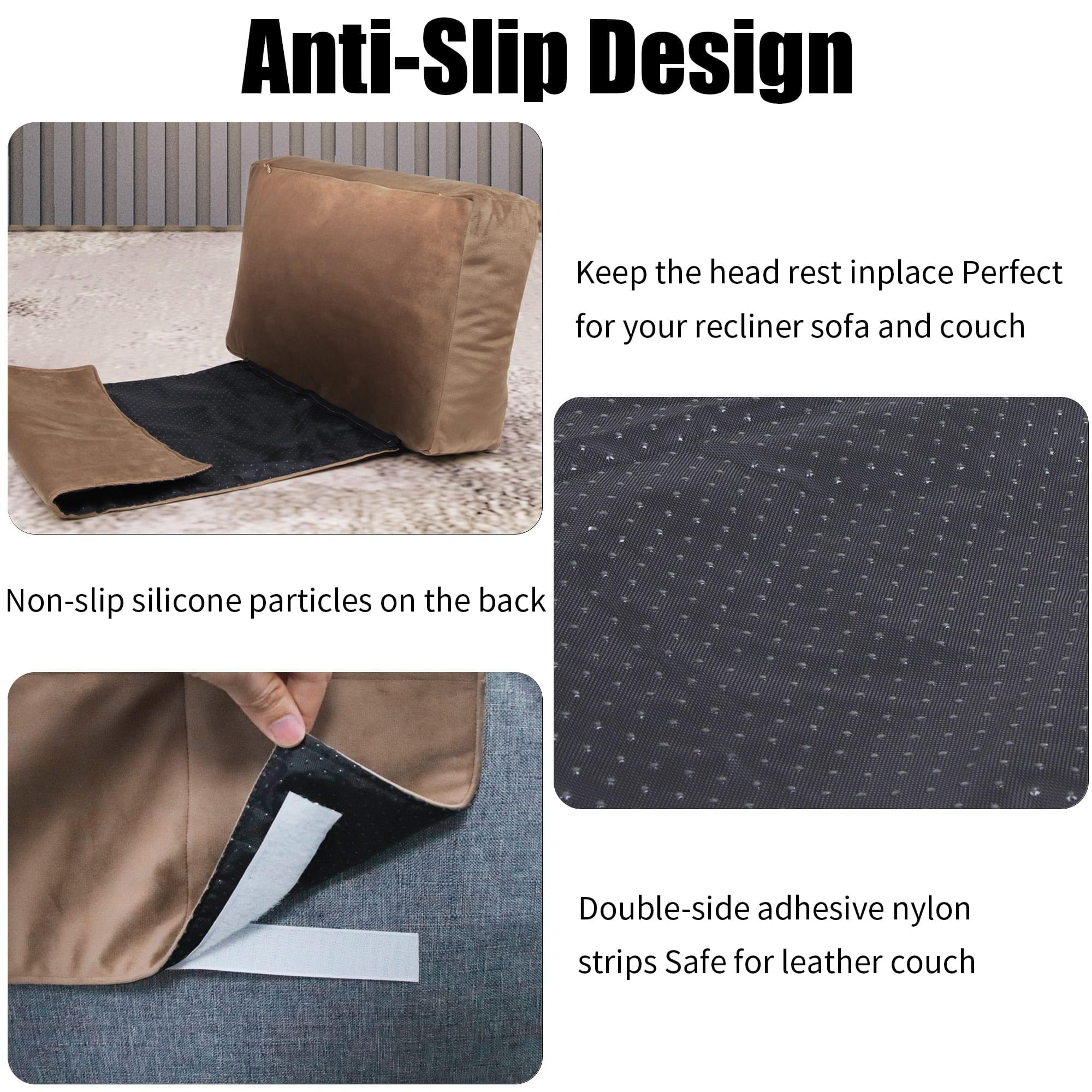 Brown recliner headrest pillow — designed with a non-slip, anti-slip backing to stay securely in place on leather couches, recliners, and chairs; provides ergonomic support for head, neck, back, arms, and legs with a detachable flap for adjustable comfort and an extra pocket for your phone, remote, or iPad; made with soft, breathable materials that are safe for delicate upholstery and ideal for daily relaxation